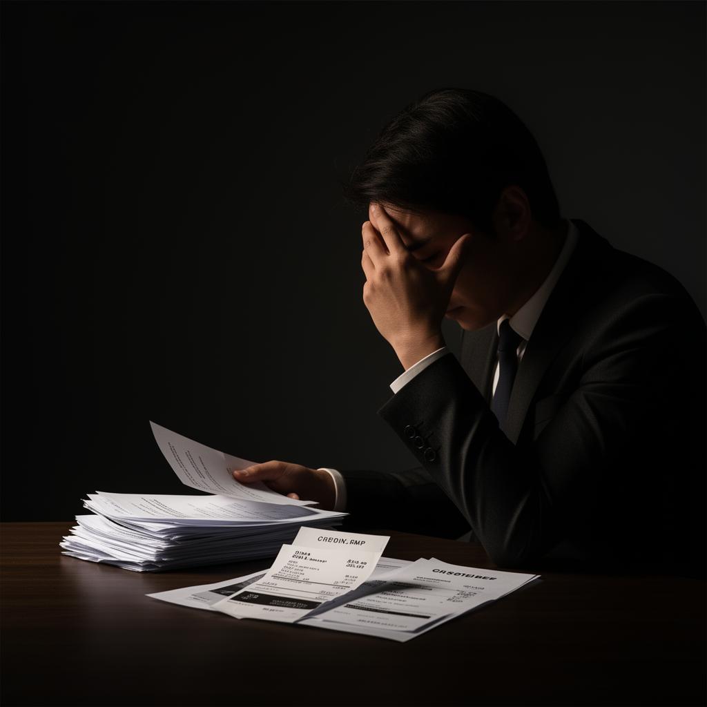 Person reviewing stack of credit bills with concerned expression